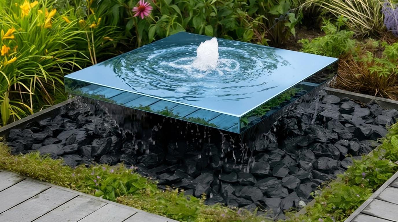 Modern Floating Steel Water Feature - Minimalist Outdoor Garden Fountain - Plug & Play