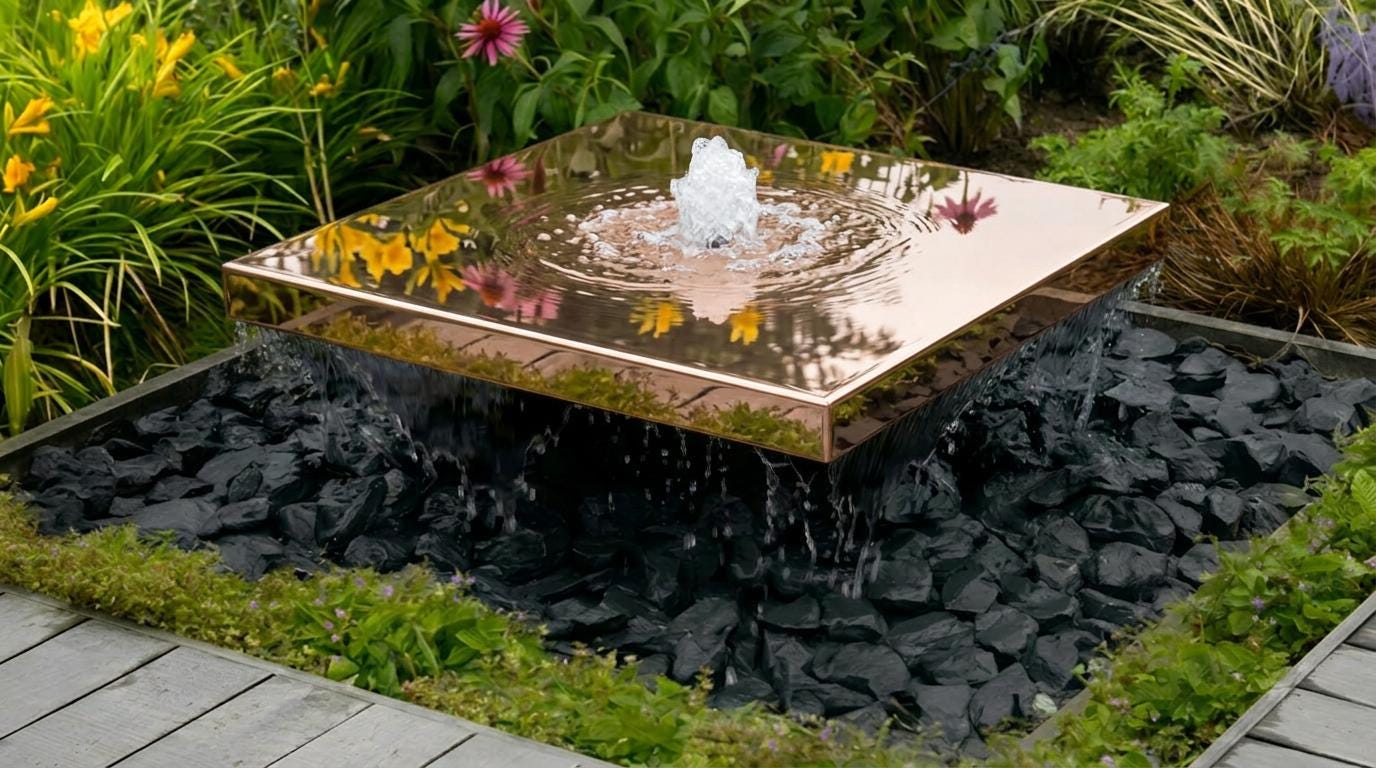 Modern Floating Steel Water Feature - Minimalist Outdoor Garden Fountain - Plug & Play