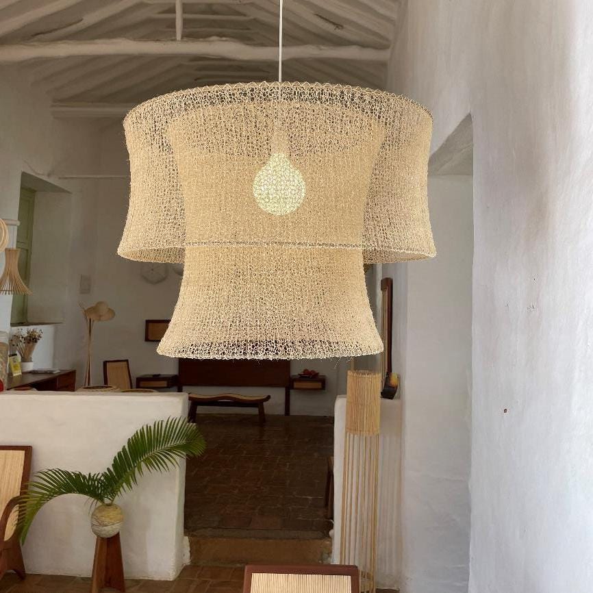 CILINDER- Handwoven Fique Pendant Light, Natural Fiber Boho Chandelier, Rustic Farmhouse Lamp