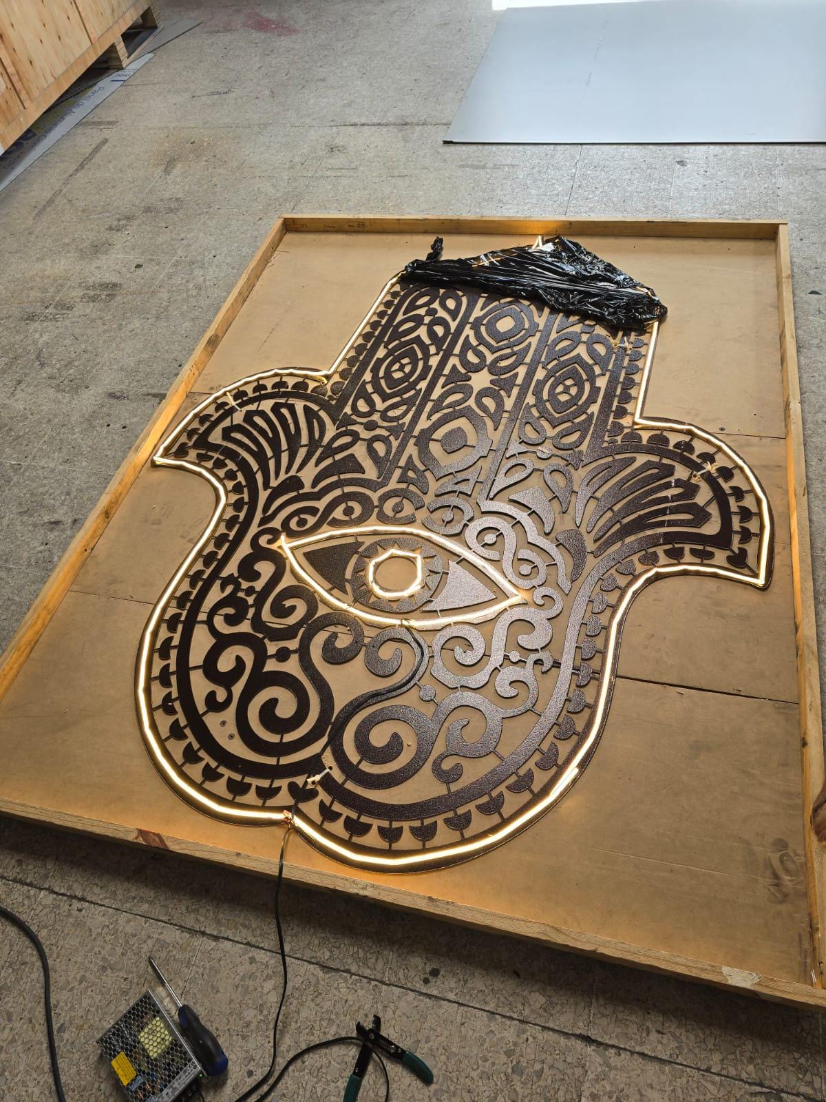 Custom Metal Hamsa Hand Wall Art | LED Backlit Steel Sculpture (6'x5')