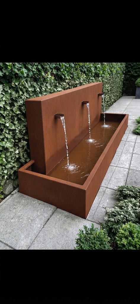 Modern Industrial Outdoor Water Fountain – LED Lighting, Triple Spouts (50" H x 45" W)