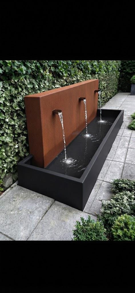 Modern Industrial Outdoor Water Fountain – LED Lighting, Triple Spouts (50" H x 45" W)