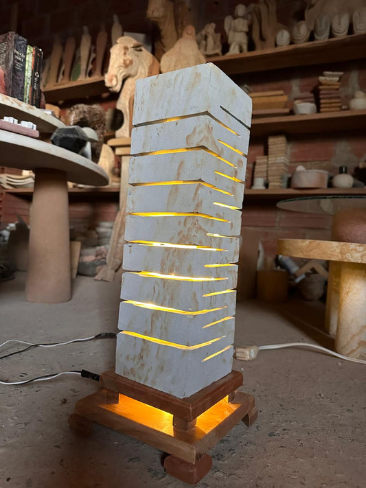 Handcrafted Travertine Stone Lamp, Carved Marble Column Light, Brutalist Desk Decor