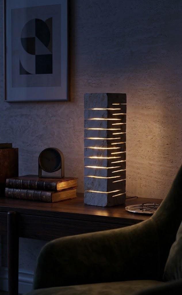 Handcrafted Travertine Stone Lamp, Carved Marble Column Light, Brutalist Desk Decor