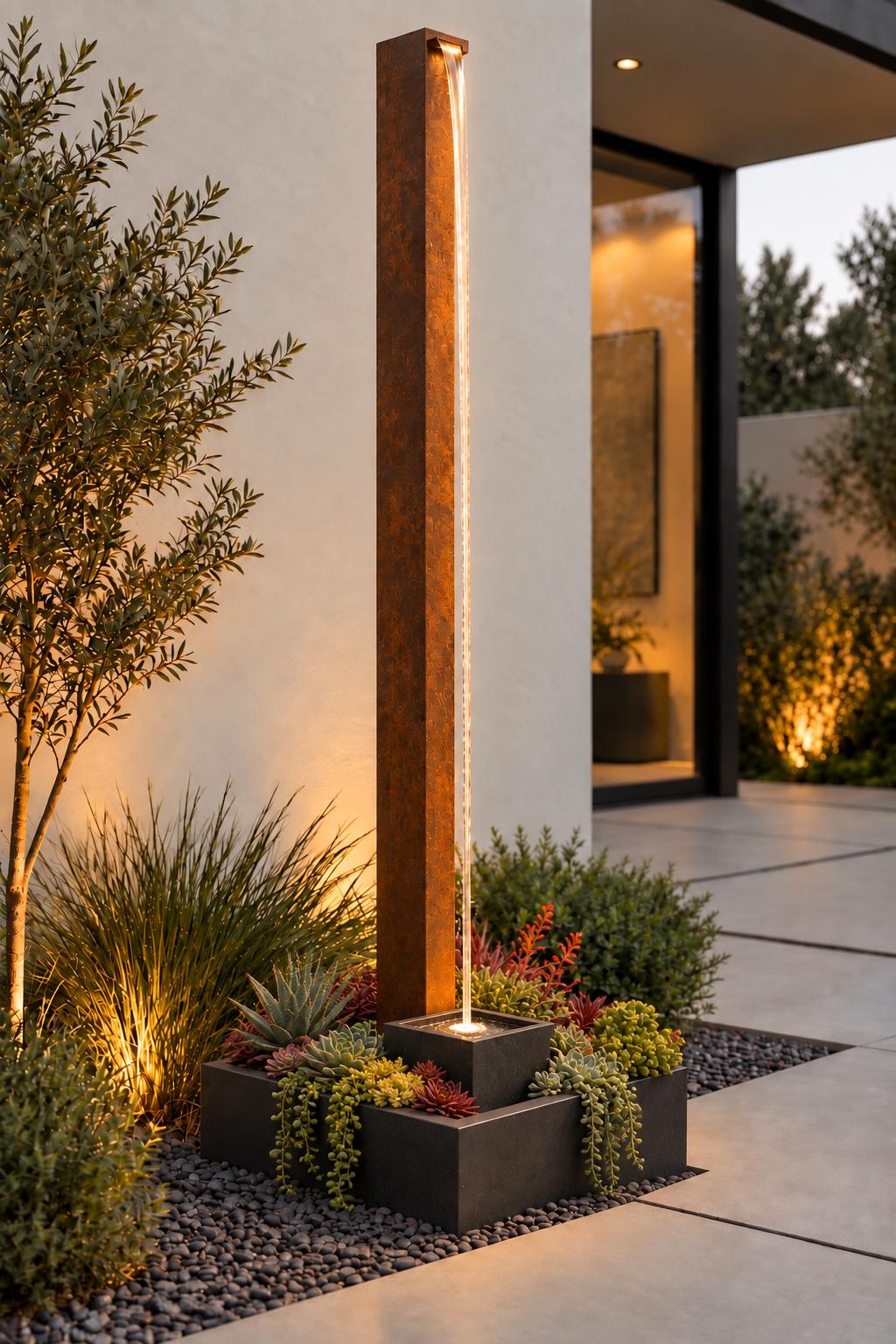 Architectural Water Sound Maker – 84" Modern Outdoor Fountain with Flexible Stone Veneer Column, Basin & Integrated Planter