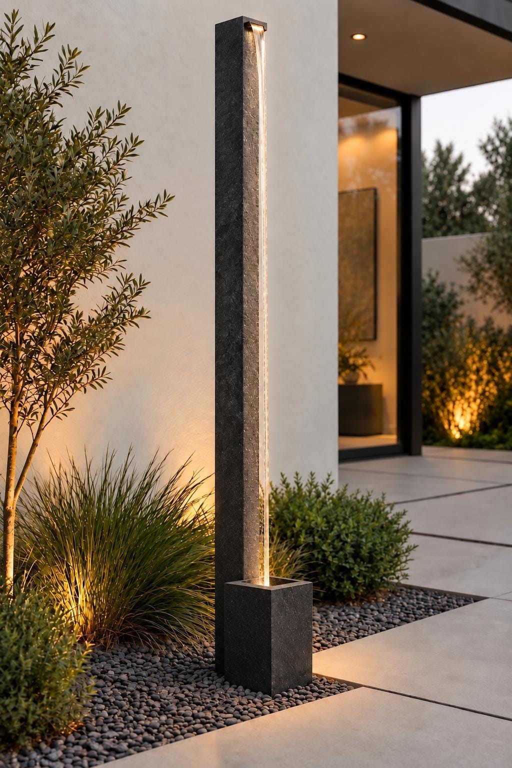 Architectural Water Sound Maker – 84" Modern Outdoor Fountain with Flexible Stone Veneer Column, Basin & Integrated Planter