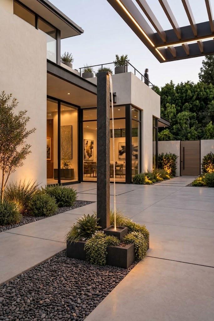 Architectural Water Sound Maker – 84" Modern Outdoor Fountain with Flexible Stone Veneer Column, Basin & Integrated Planter