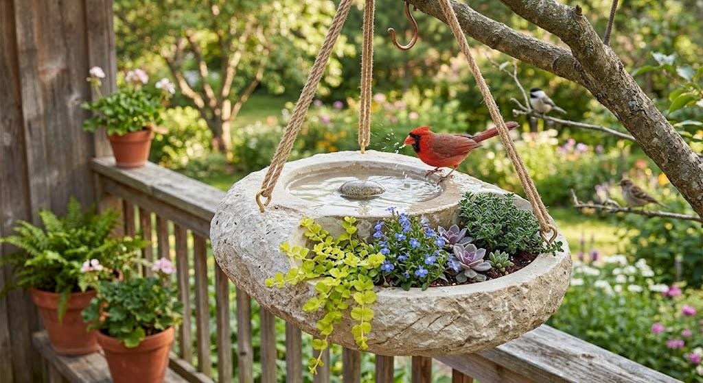 Handcrafted 2-Tier Natural Stone Bird Bath & Planter | Hanging Garden Oasis - Living Succulent Sanctuary