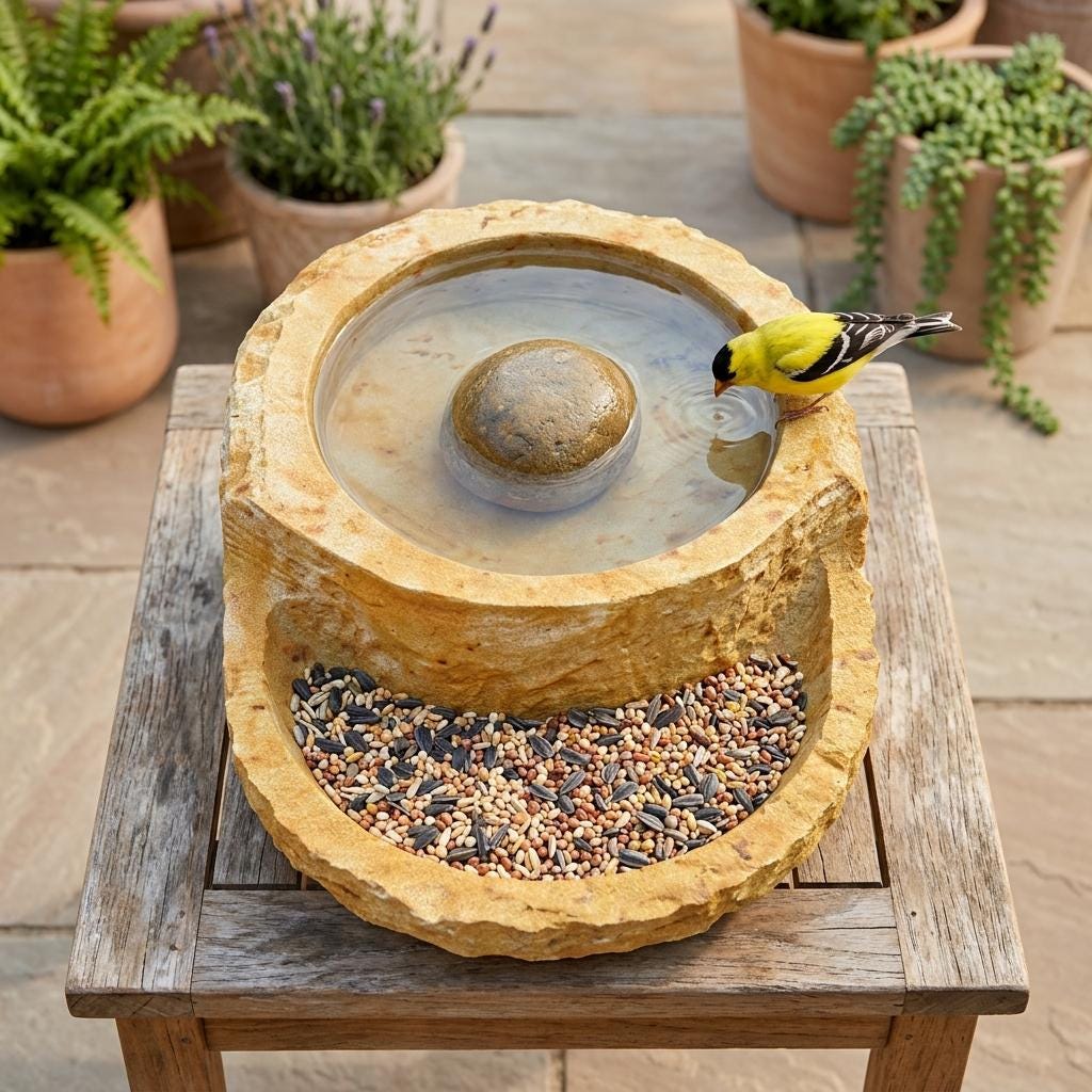 Handcrafted 2-Tier Natural Stone Bird Bath & Planter | Hanging Garden Oasis - Living Succulent Sanctuary