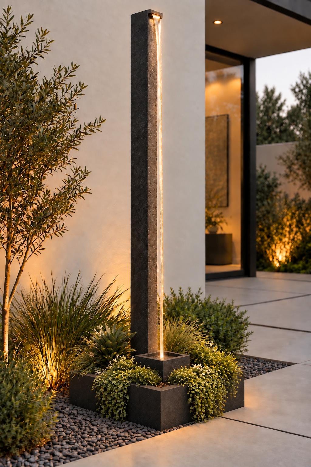 Architectural Water Sound Maker – 84" Modern Outdoor Fountain with Flexible Stone Veneer Column, Basin & Integrated Planter