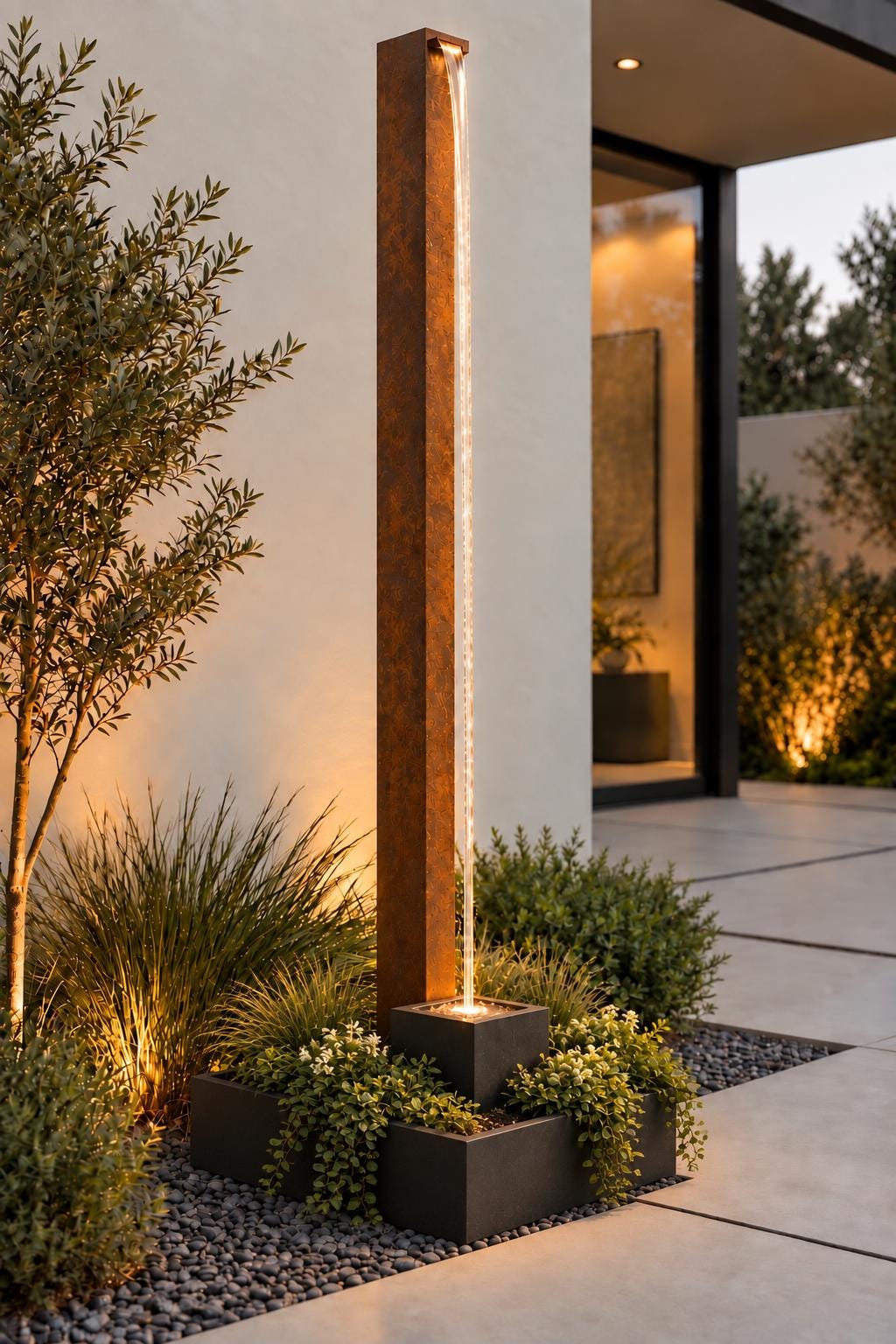 Architectural Water Sound Maker – 84" Modern Outdoor Fountain with Flexible Stone Veneer Column, Basin & Integrated Planter