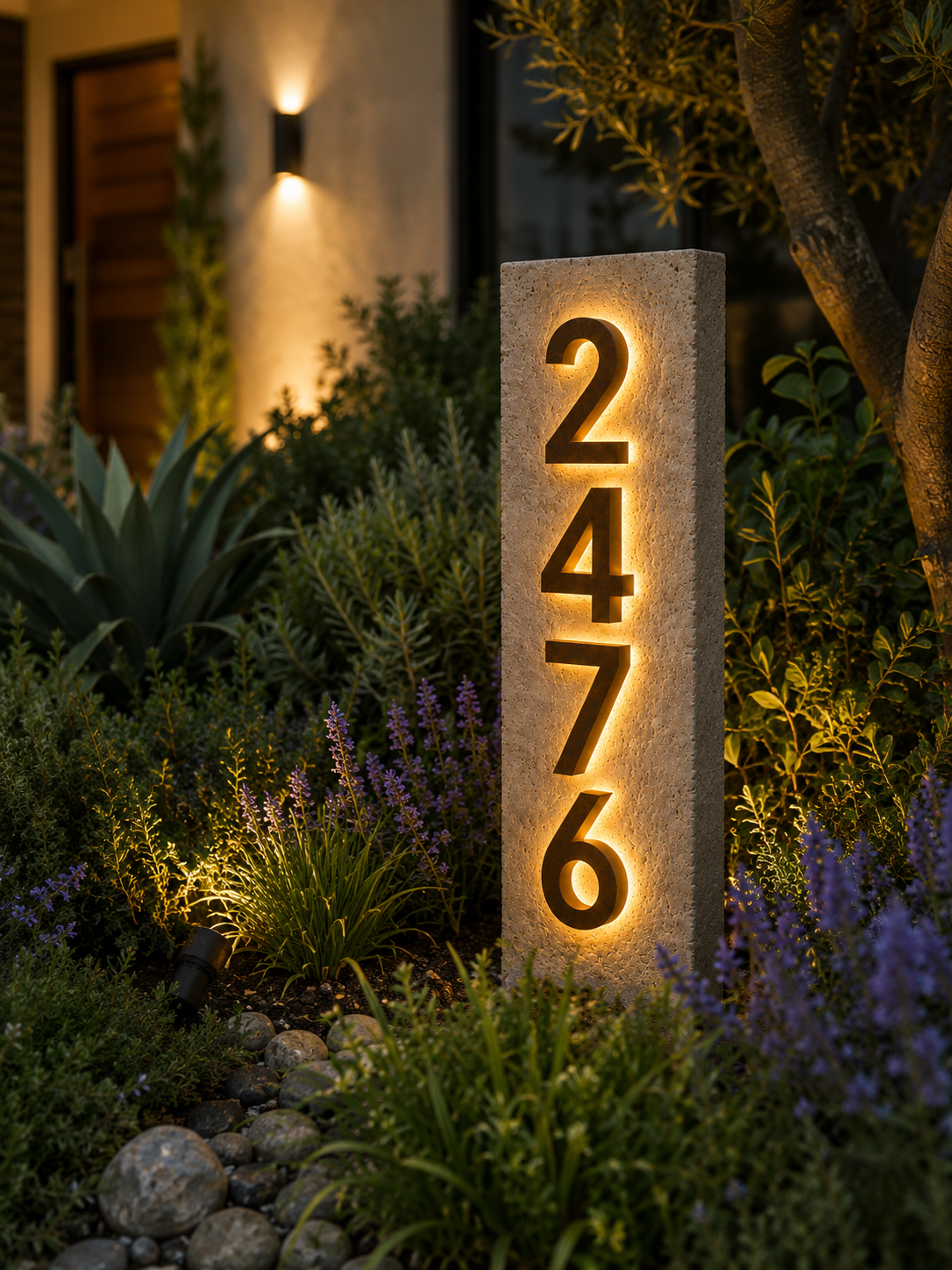 Custom Natural Stone Address Sign with LED Backlighting – Personalized Outdoor Address Plaque